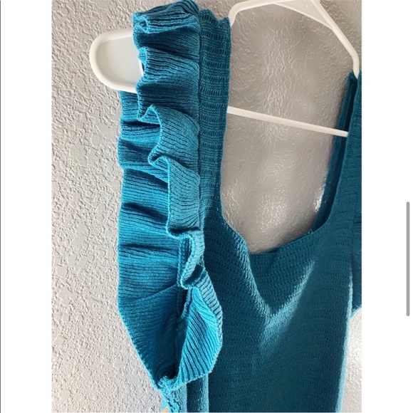 New! ANTHRO dress ruffle pointelle knit teal turquoise Anthropologie turquoise - Picture 5 of 7